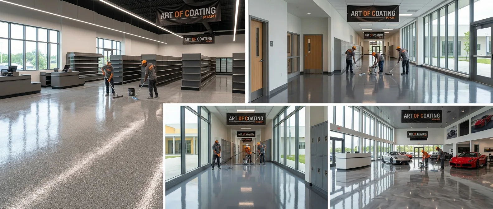 Art of Coating Miami team applying metallic epoxy floor coating in elegant commercial space