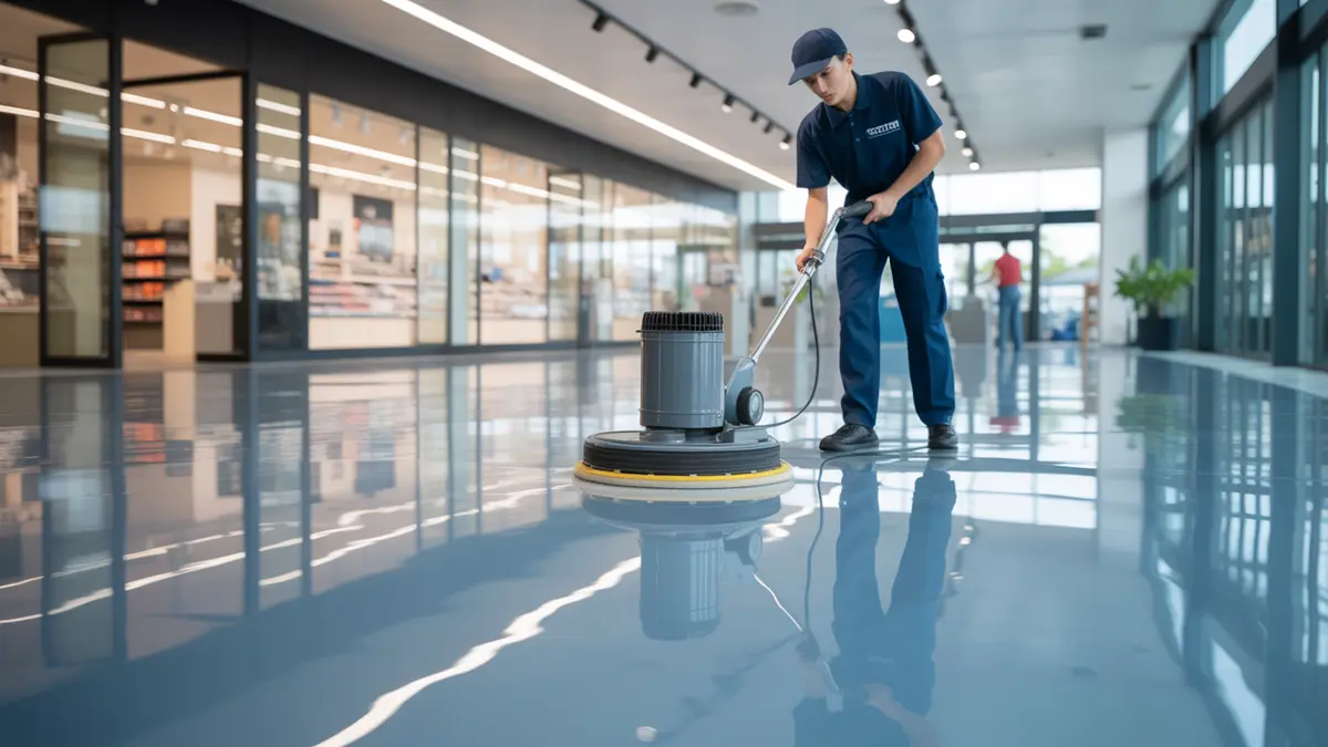 Professional maintenance worker polishing a glossy commercial epoxy floor in a retail showroom