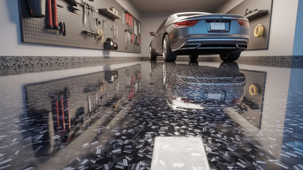Stunning metallic flake epoxy floor coating in a residential garage with reflective silver-charcoal finish