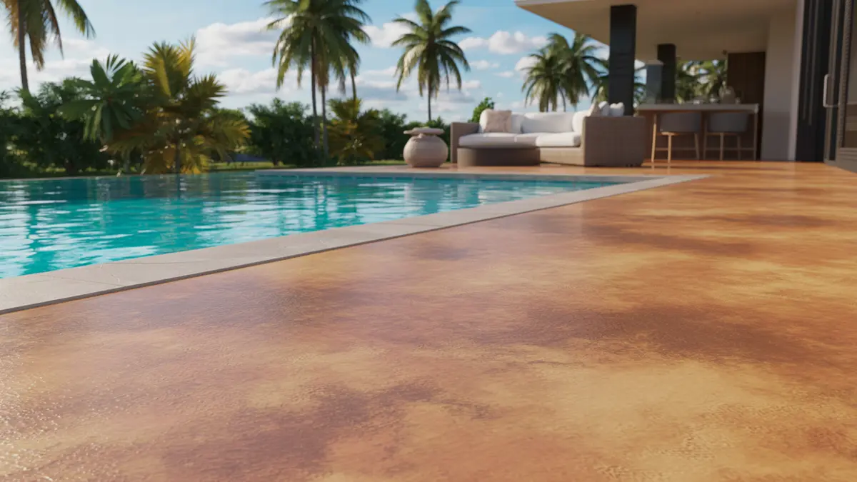 Luxurious South Florida pool deck with textured non-slip coating in warm earth tones surrounded by palm trees
